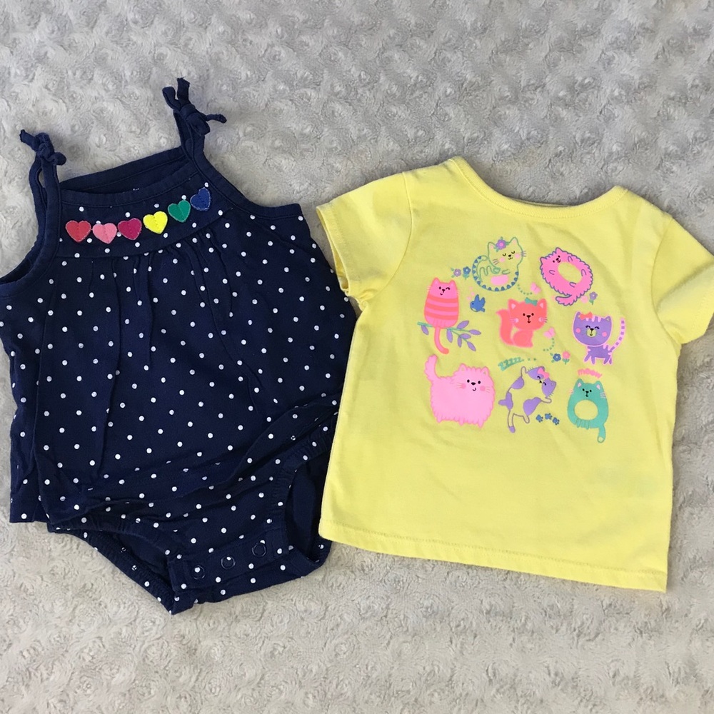 Baby Girl Summer Bundle Carter’s Romper Hearts Garanimals Kitty Cat Shirt